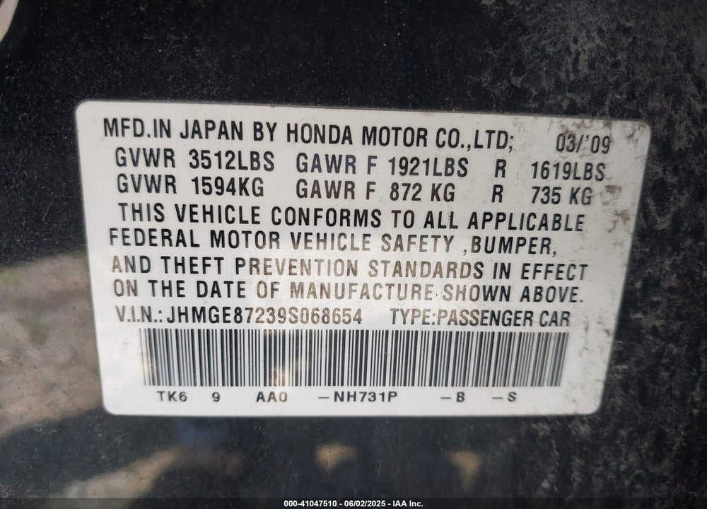 2009 HONDA FIT VIN: JHMGE87239S068654