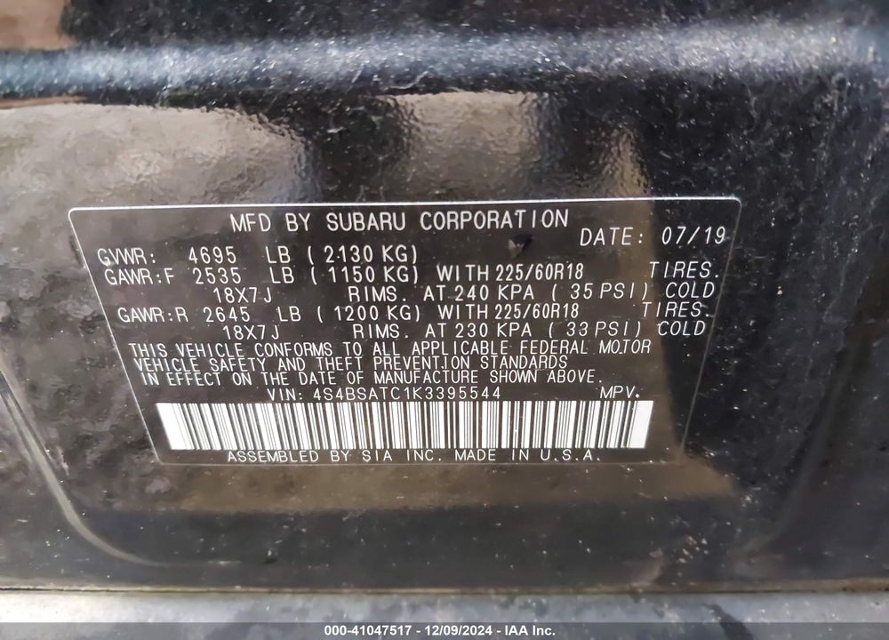 2019 SUBARU OUTBACK 2.5I TOURING VIN: 4S4BSATC1K3395544