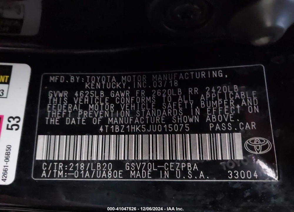 2018 TOYOTA CAMRY VIN: 4T1BZ1HK5JU015075