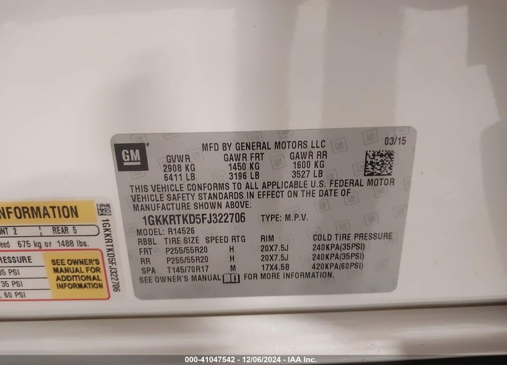 2015 GMC ACADIA DENALI VIN: 1GKKRTKD5FJ322706