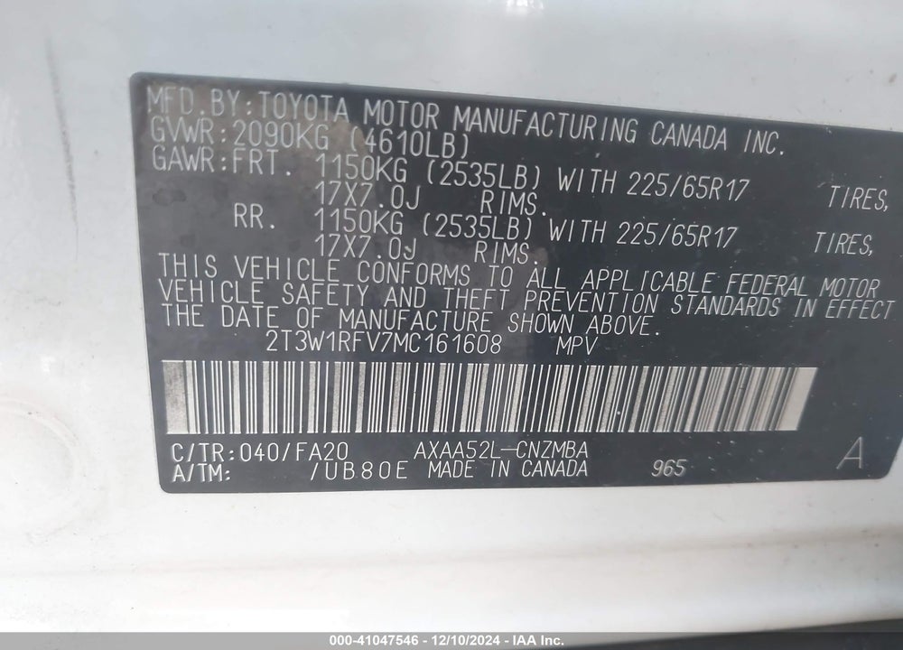 2021 TOYOTA RAV4 XLE VIN: 2T3W1RFV7MC161608