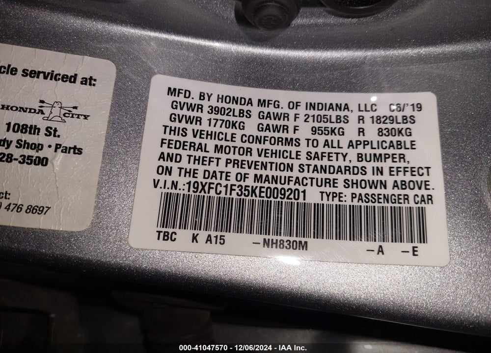 2019 HONDA CIVIC EX VIN: 19XFC1F35KE009201