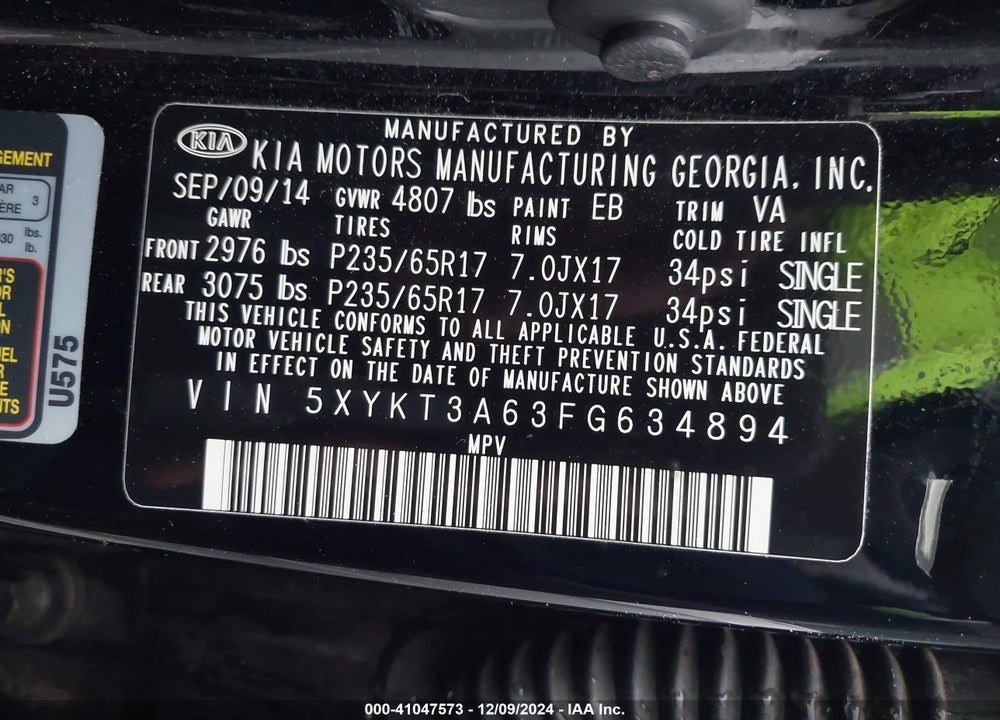 2015 KIA SORENTO LX VIN: 5XYKT3A63FG634894