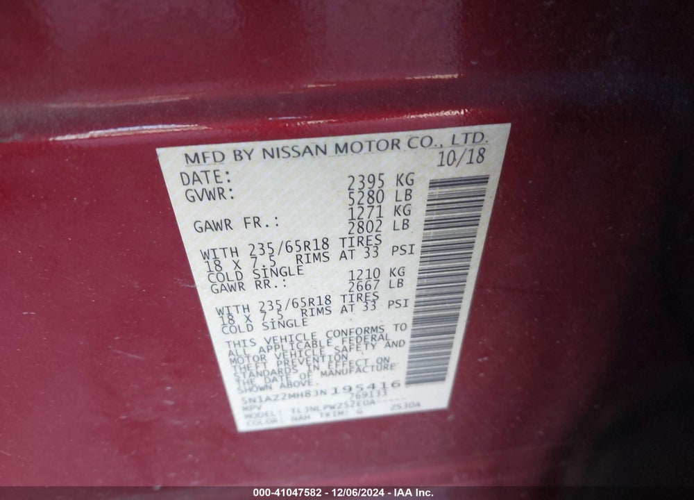 2018 NISSAN MURANO S VIN: 5N1AZ2MH8JN195416