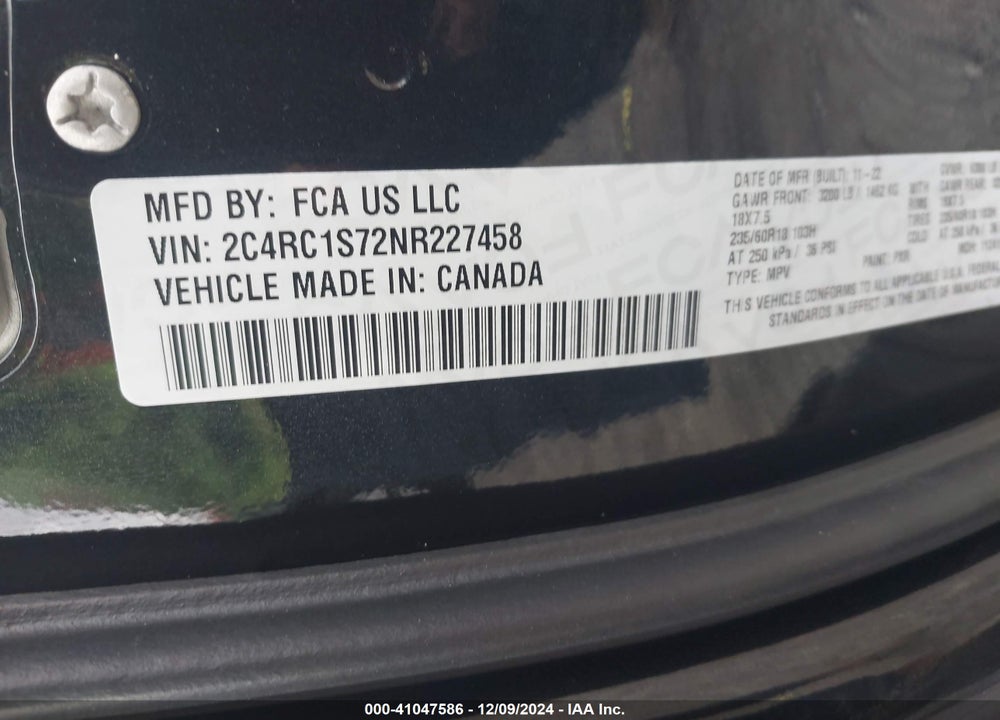 2022 CHRYSLER PACIFICA HYBRID LIMITED VIN: 2C4RC1S72NR227458