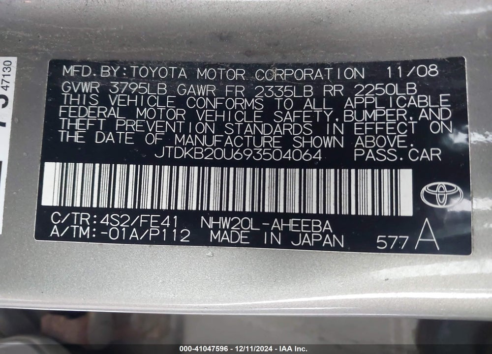 2009 TOYOTA PRIUS VIN: JTDKB20U693504064