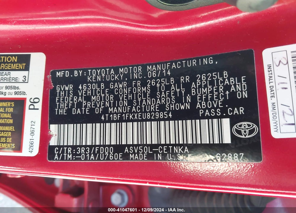 2014 TOYOTA CAMRY VIN: 4T1BF1FKXEU829854