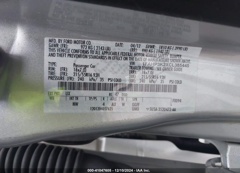 2012 FORD FOCUS SE VIN: 1FAHP3K2XCL385445