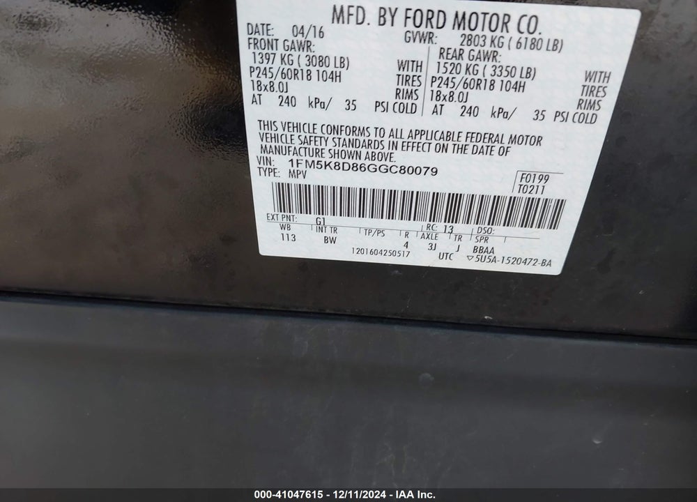 2016 FORD EXPLORER XLT VIN: 1FM5K8D86GGC80079