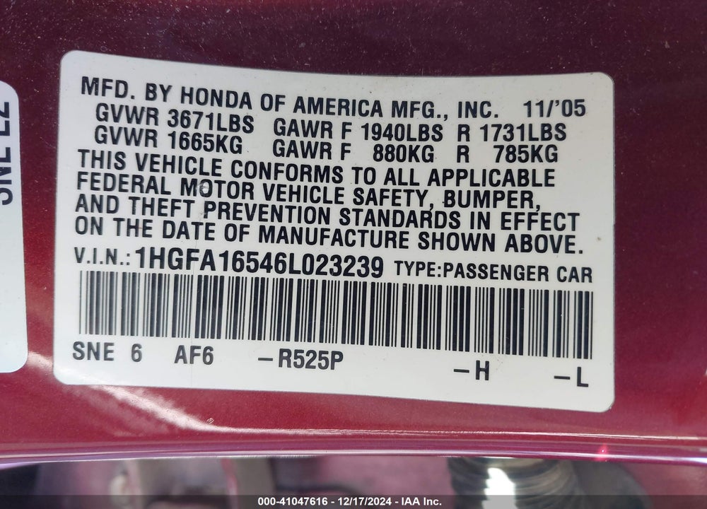 2006 HONDA CIVIC VIN: 1HGFA16546L023239