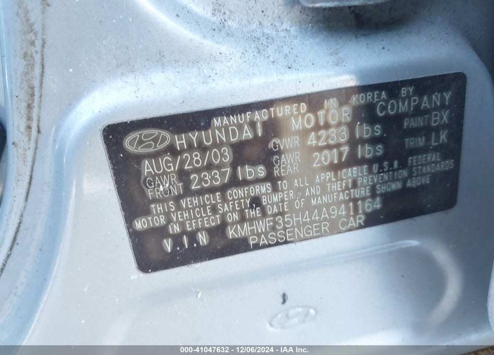 2004 HYUNDAI SONATA GLS/LX VIN: KMHWF35H44A941164