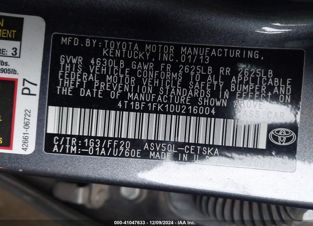 2013 TOYOTA CAMRY VIN: 4T1BF1FK1DU216004