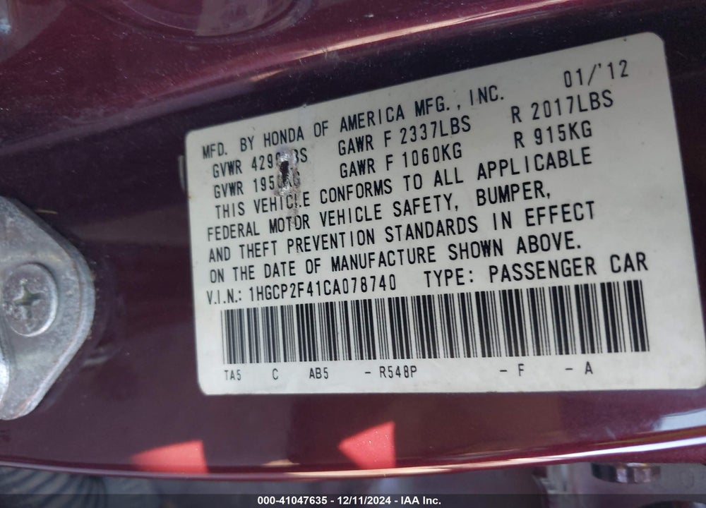 2012 HONDA ACCORD 2.4 LX-P VIN: 1HGCP2F41CA078740