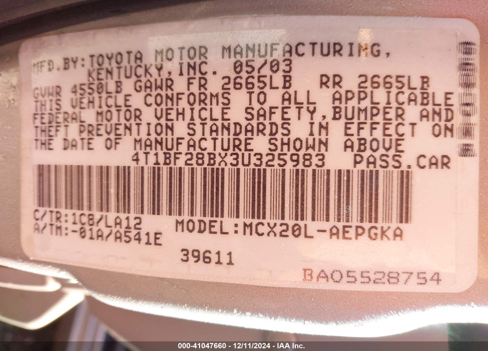 2003 TOYOTA AVALON XLS VIN: 4T1BF28BX3U325983