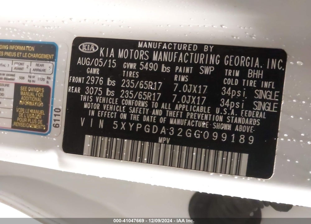 2016 KIA SORENTO 2.4L LX VIN: 5XYPGDA32GG099189