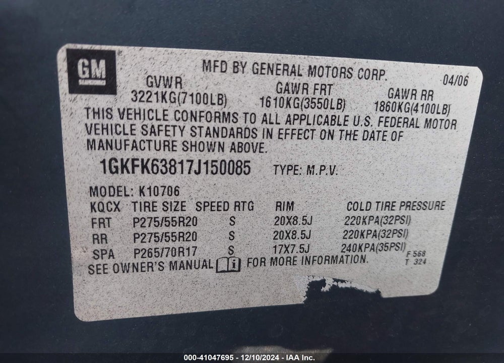 2007 GMC YUKON DENALI VIN: 1GKFK63817J150085