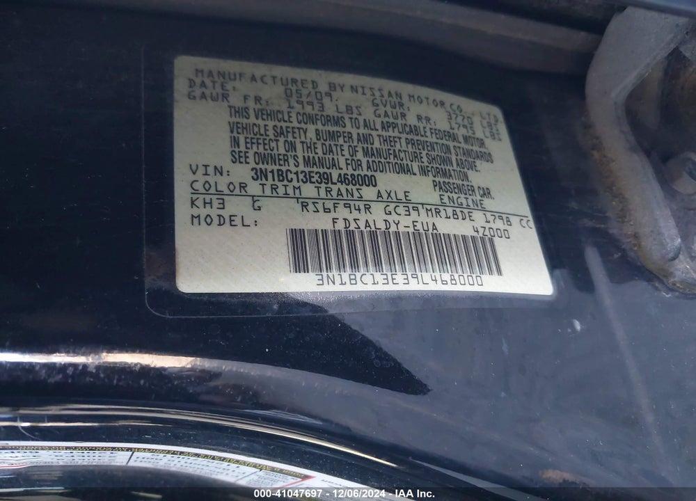 2009 NISSAN VERSA 1.8S VIN: 3N1BC13E39L468000