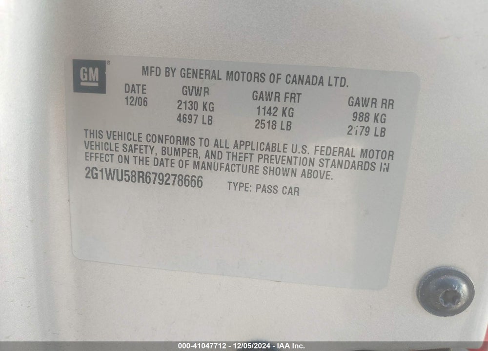 2007 CHEVROLET IMPALA LTZ VIN: 2G1WU58R679278666