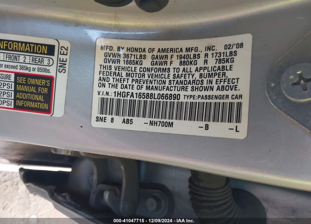 2008 HONDA CIVIC LX VIN: 1HGFA16588L066890