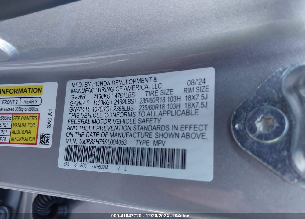 2025 HONDA CR-V EX-L 2WD VIN: 5J6RS3H76SL004053