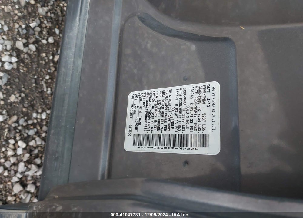 2013 NISSAN MURANO SL VIN: JN8AZ1MW8DW316963