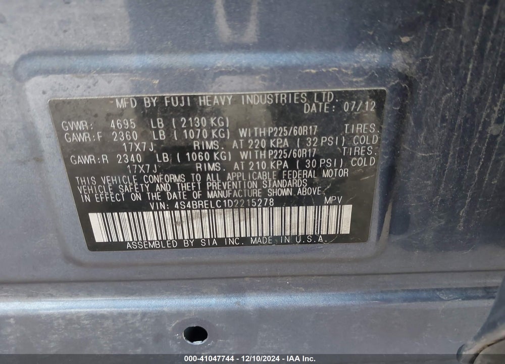 2013 SUBARU OUTBACK 3.6R LIMITED VIN: 4S4BRELC1D2215278