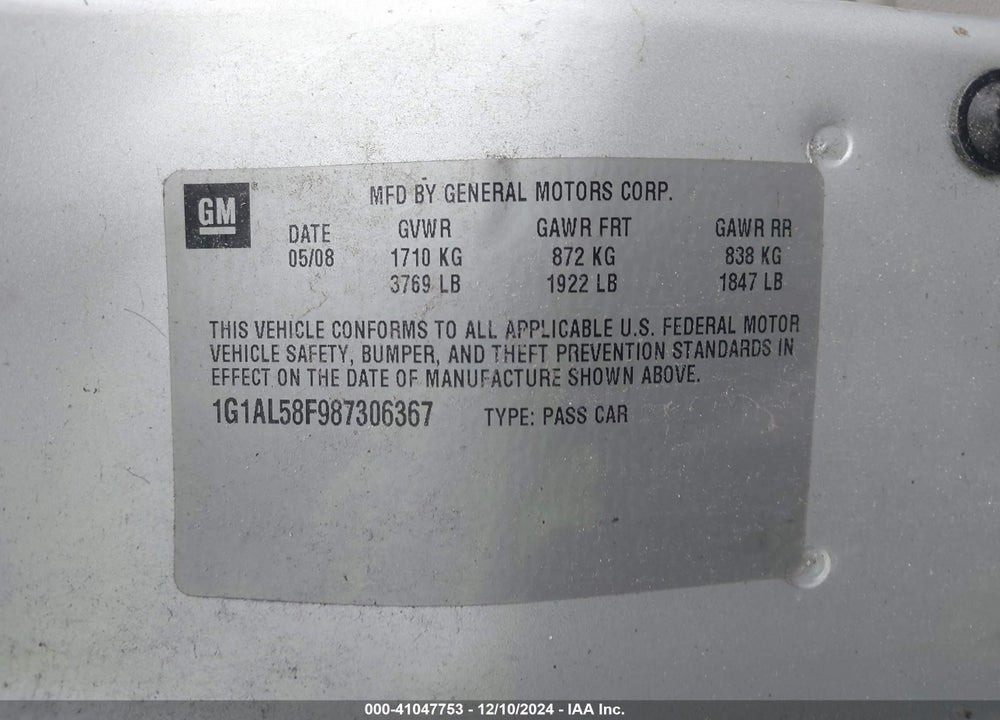 2008 CHEVROLET COBALT LT VIN: 1G1AL58F987306367