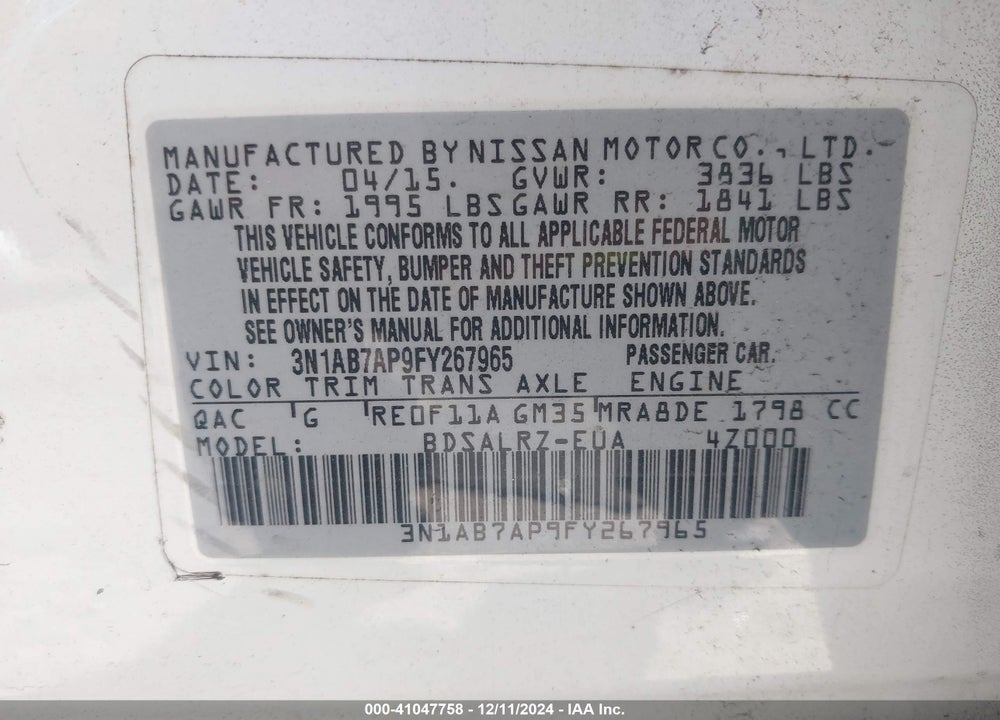2015 NISSAN SENTRA SR VIN: 3N1AB7AP9FY267965