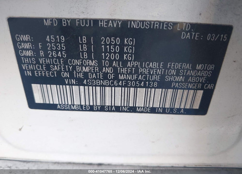 2015 SUBARU LEGACY VIN: 4S3BNBC64F3054138