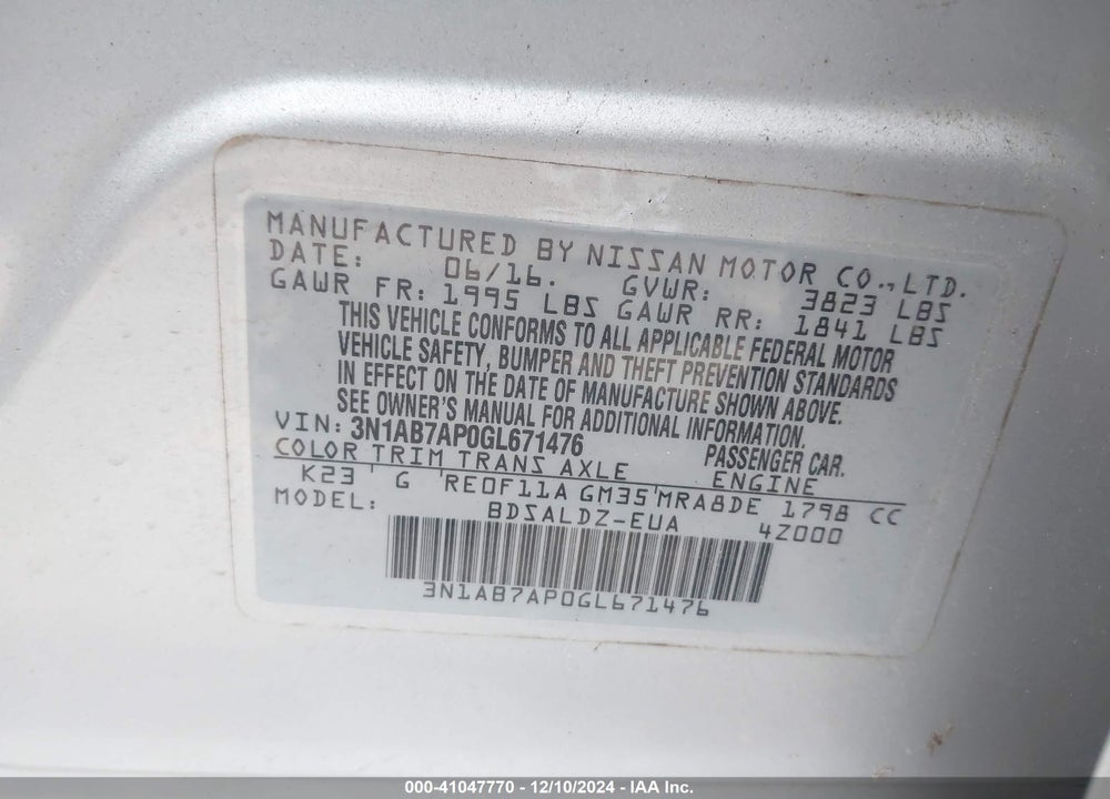 2016 NISSAN SENTRA SV VIN: 3N1AB7AP0GL671476