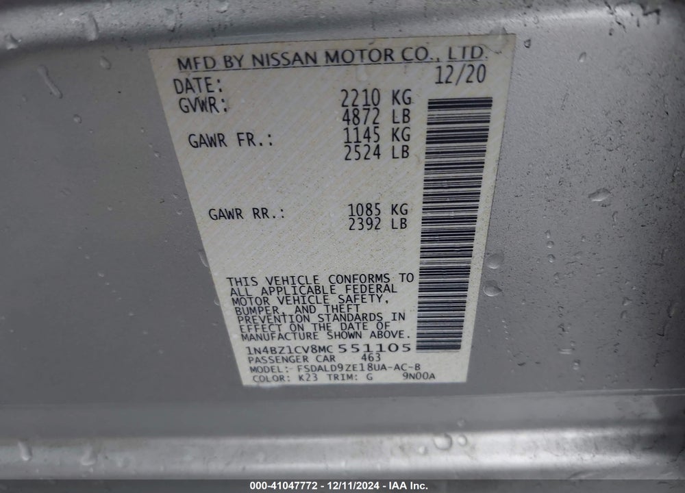 2021 NISSAN LEAF SV PLUS 62 KWH VIN: 1N4BZ1CV8MC551105