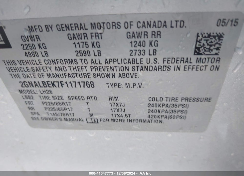 2015 CHEVROLET EQUINOX 1LT VIN: 2GNALBEK7F1171768