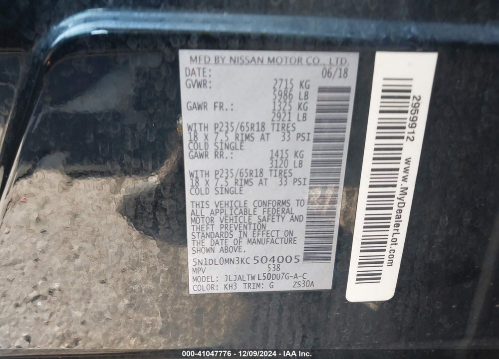 2019 INFINITI QX60 LUXE VIN: 5N1DL0MN3KC504005