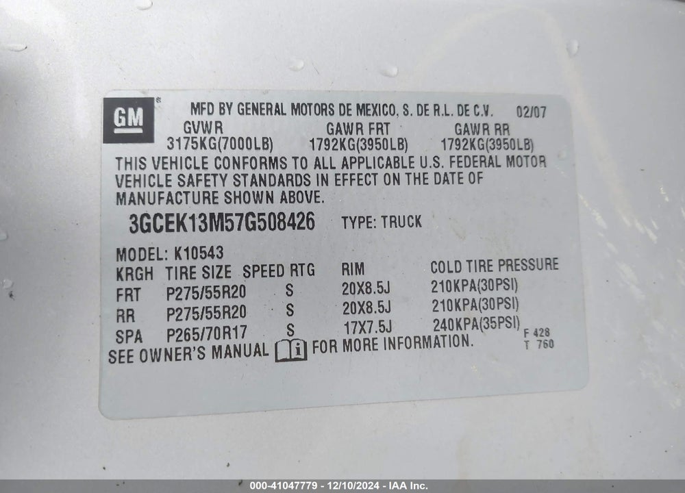 2007 CHEVROLET SILVERADO 1500 LTZ VIN: 3GCEK13M57G508426