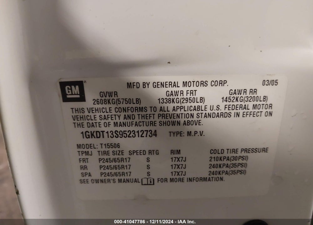 2005 GMC ENVOY SLE VIN: 1GKDT13S952312734