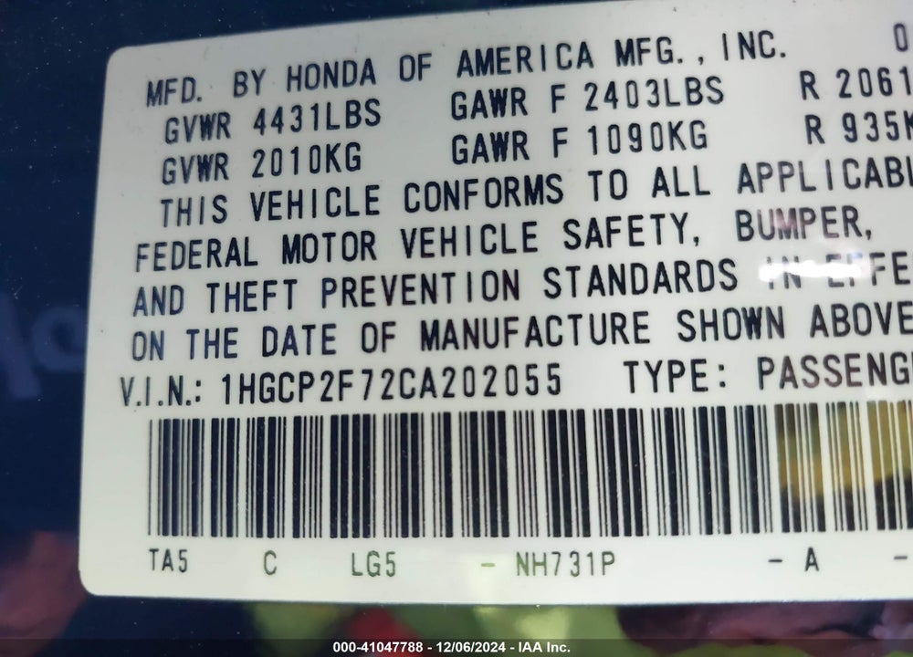 2012 HONDA ACCORD 2.4 EX VIN: 1HGCP2F72CA202055