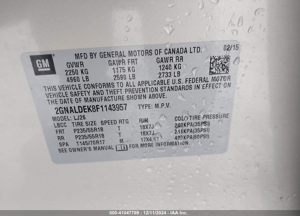 2015 CHEVROLET EQUINOX LTZ VIN: 2GNALDEK8F1143957
