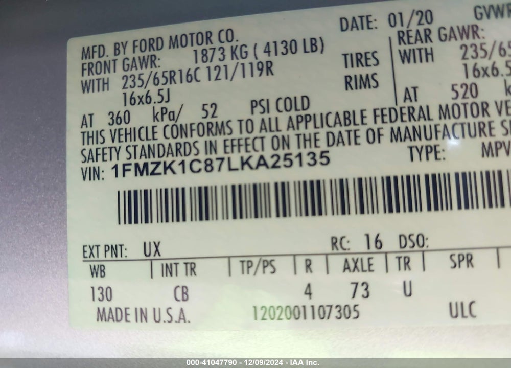 2020 FORD TRANSIT VIN: 1FMZK1C87LKA25135