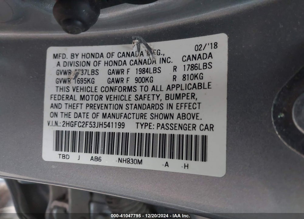 2018 HONDA CIVIC LX VIN: 2HGFC2F53JH541199