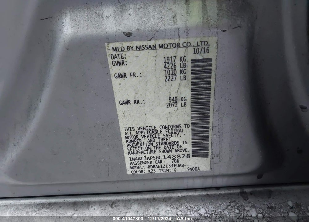 2017 NISSAN ALTIMA 2.5 SV VIN: 1N4AL3AP5HC148878