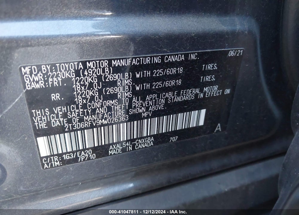 2021 TOYOTA RAV4 HYBRID LIMITED VIN: 2T3D6RFV9MW026363
