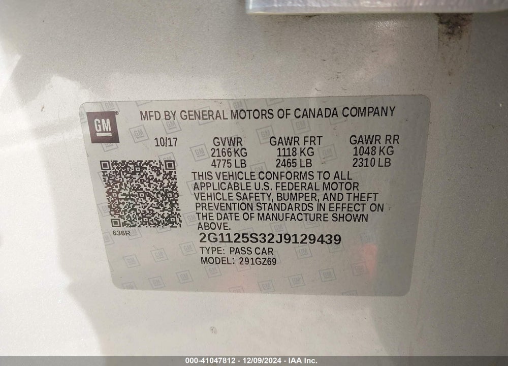 2018 CHEVROLET IMPALA VIN: 2G1125S32J9129439