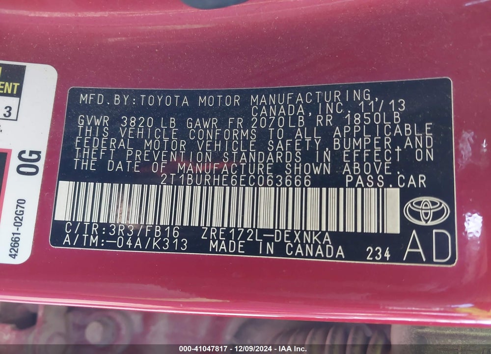 2014 TOYOTA COROLLA LE VIN: 2T1BURHE6EC063666