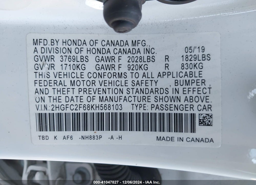 2019 HONDA CIVIC LX VIN: 2HGFC2F68KH568103