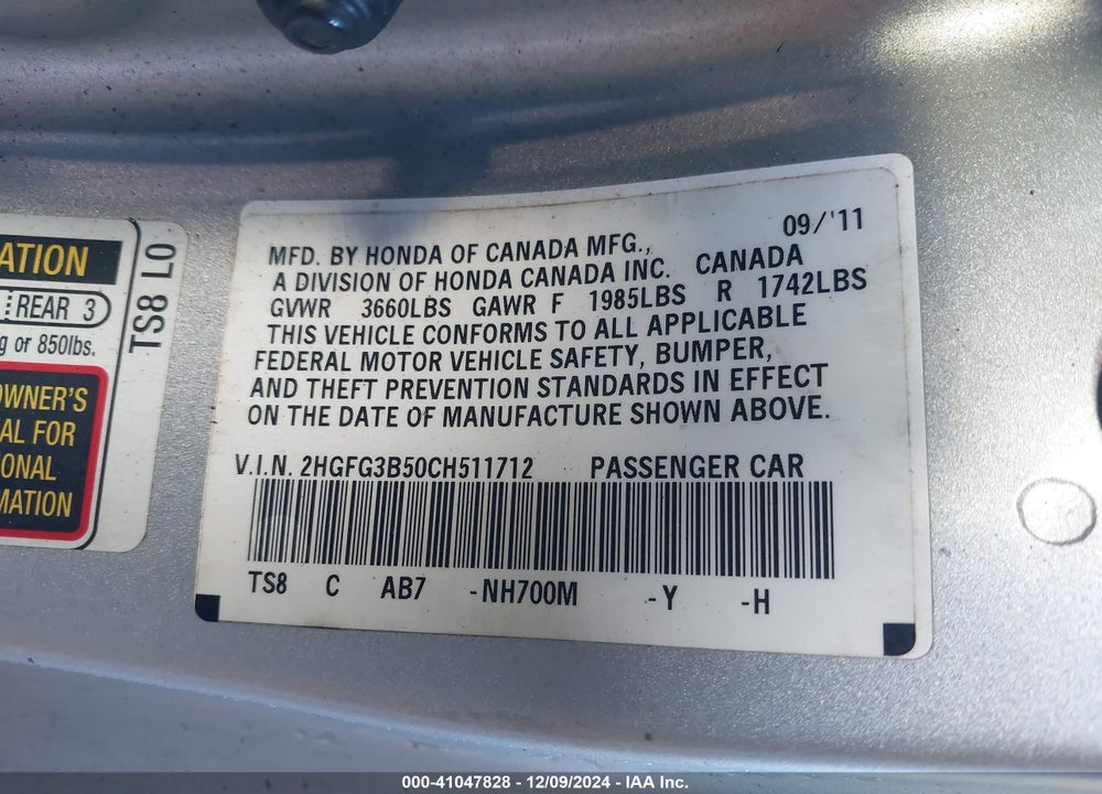 2012 HONDA CIVIC LX VIN: 2HGFG3B50CH511712