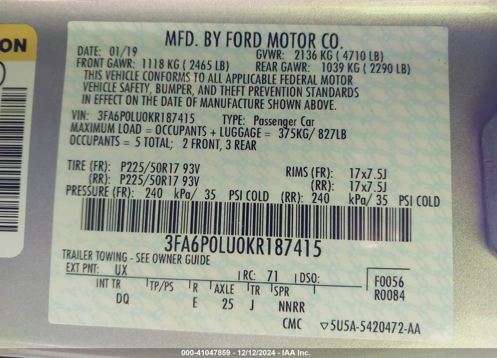 2019 FORD FUSION HYBRID SE VIN: 3FA6P0LU0KR187415