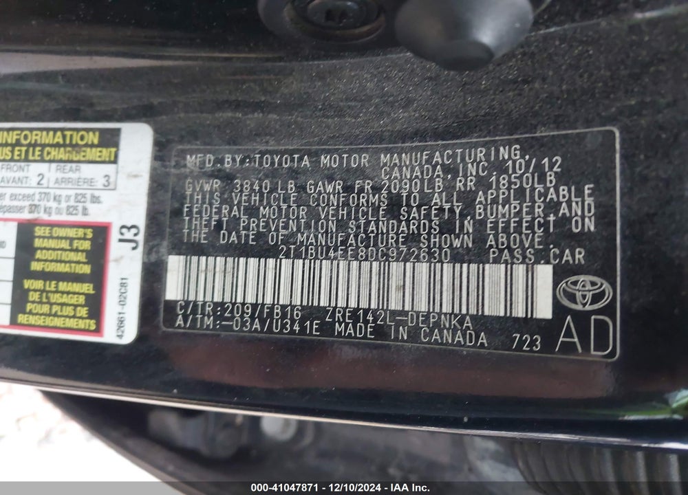 2013 TOYOTA COROLLA LE VIN: 2T1BU4EE8DC972630