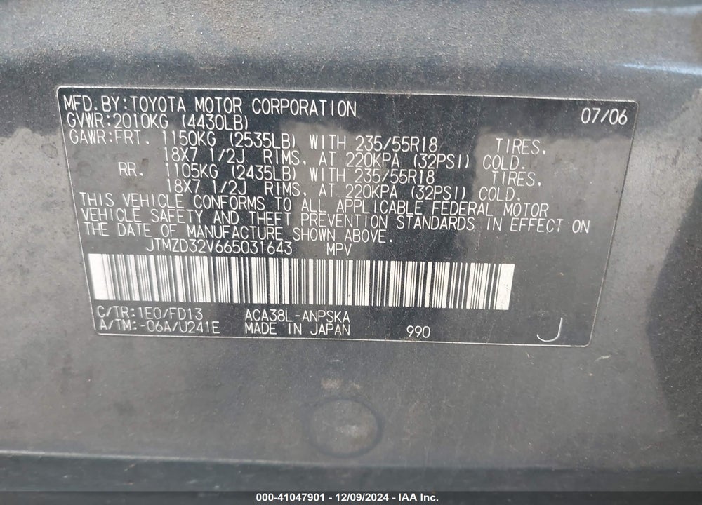 2006 TOYOTA RAV4 SPORT VIN: JTMZD32V665031643