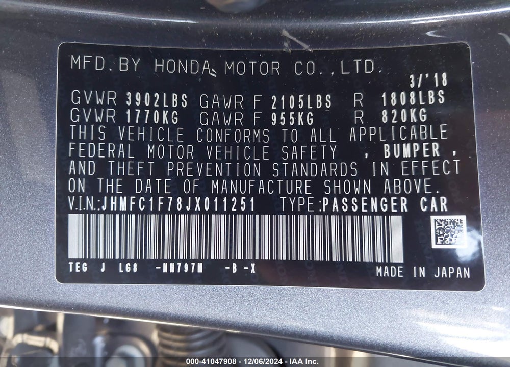 2018 HONDA CIVIC VIN: JHMFC1F78JX011251
