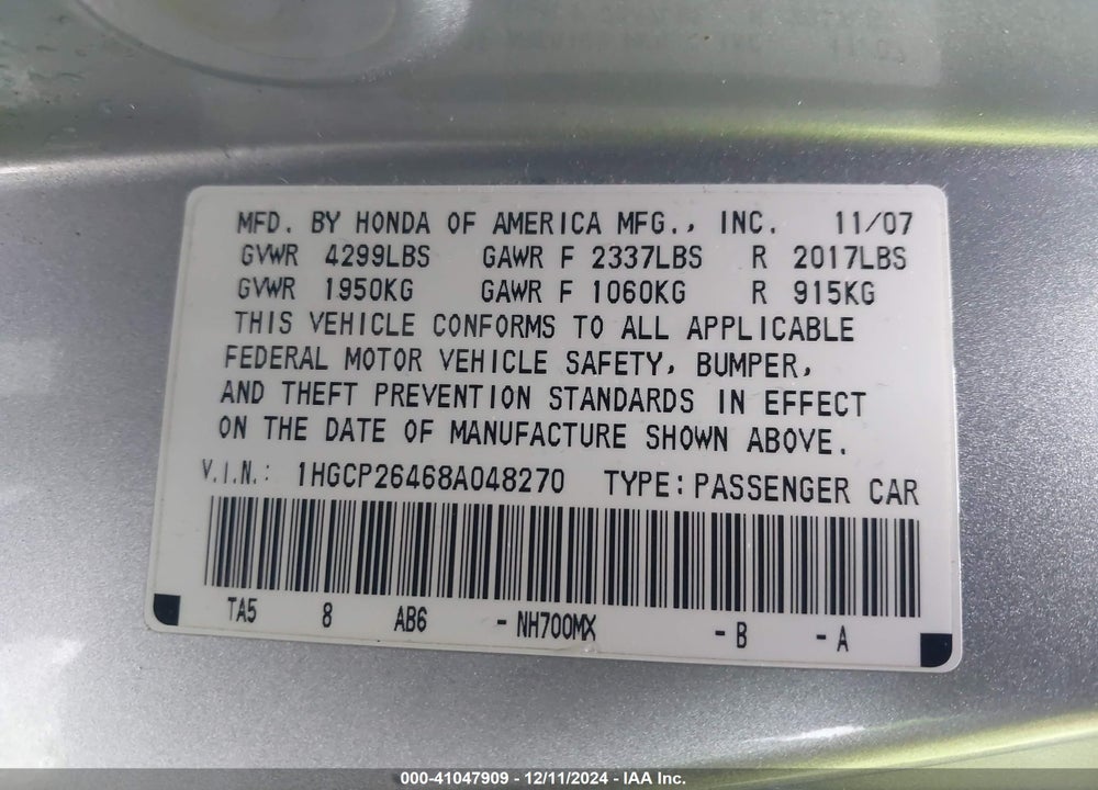 2008 HONDA ACCORD 2.4 LX-P VIN: 1HGCP26468A048270